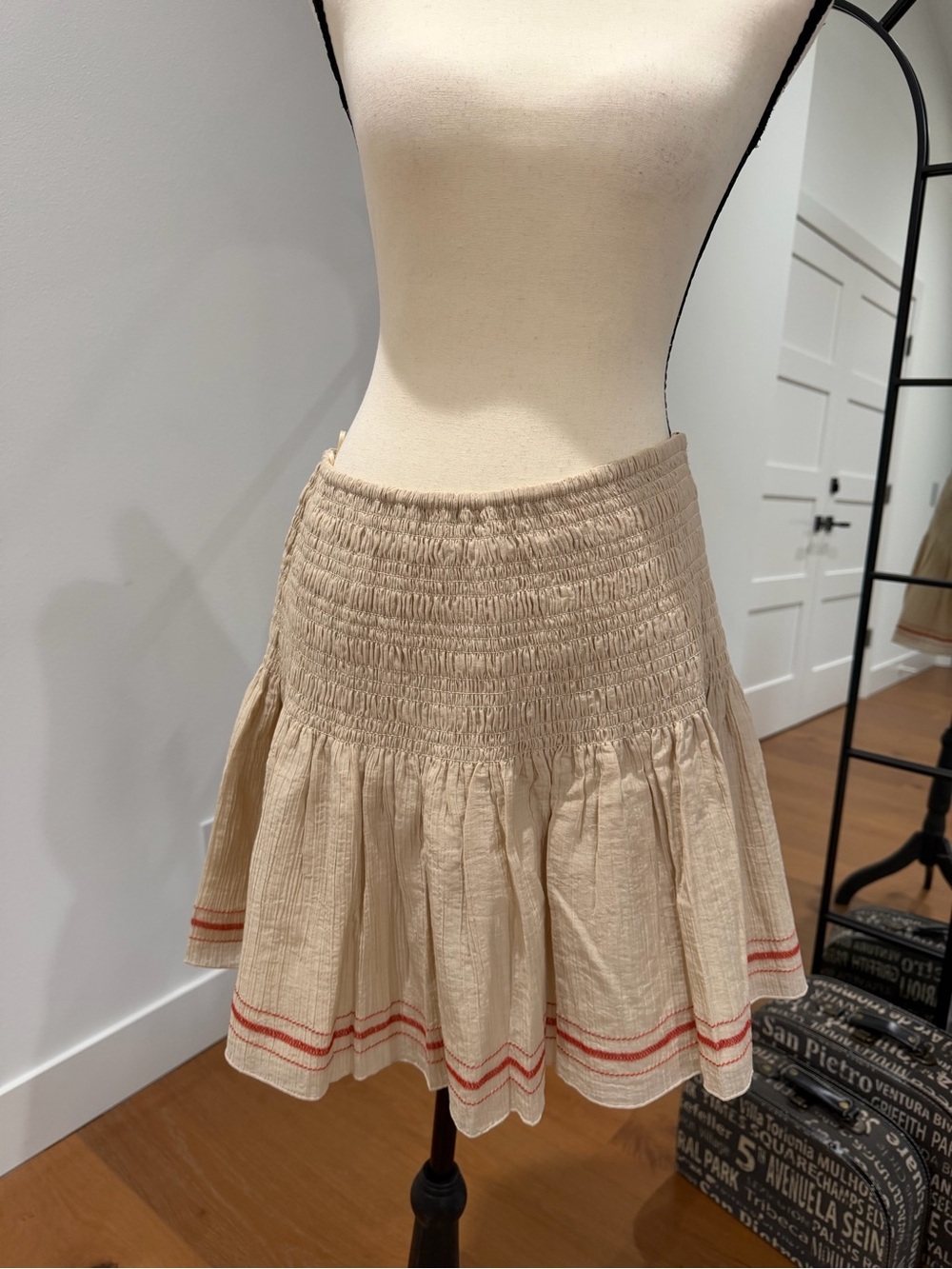 Reiss Beige Tiered Smocked Mini Skirt with Red Hem Trim